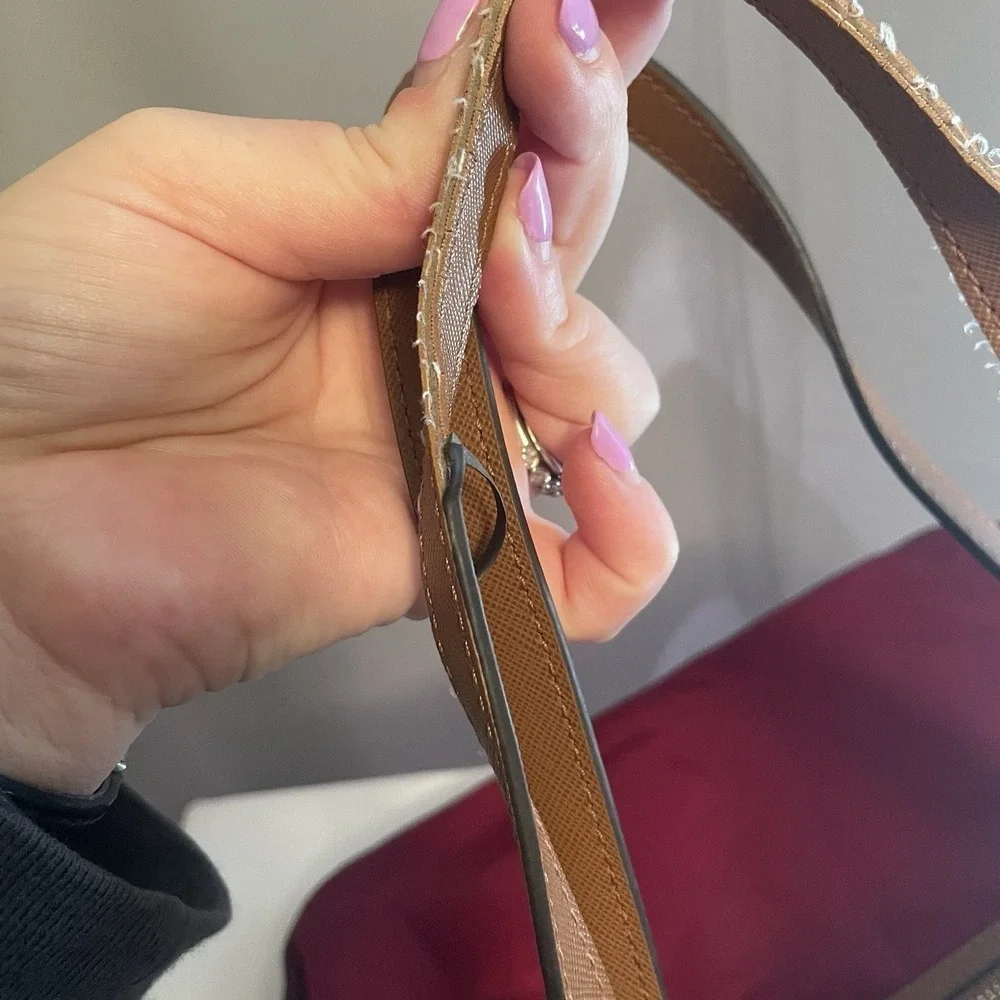 Michael Kors Kempton Nylon Satchel Tote Purse Shoulder Bag in Maroon & Brown - Picture 4 of 16